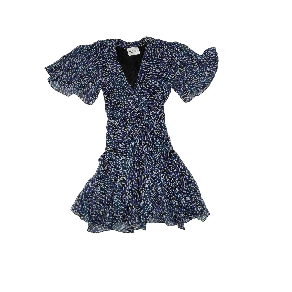 Marant Etoile Mini Dress 36 Blue Purple Fair Abstract Ruched V-Neck Silk Blend